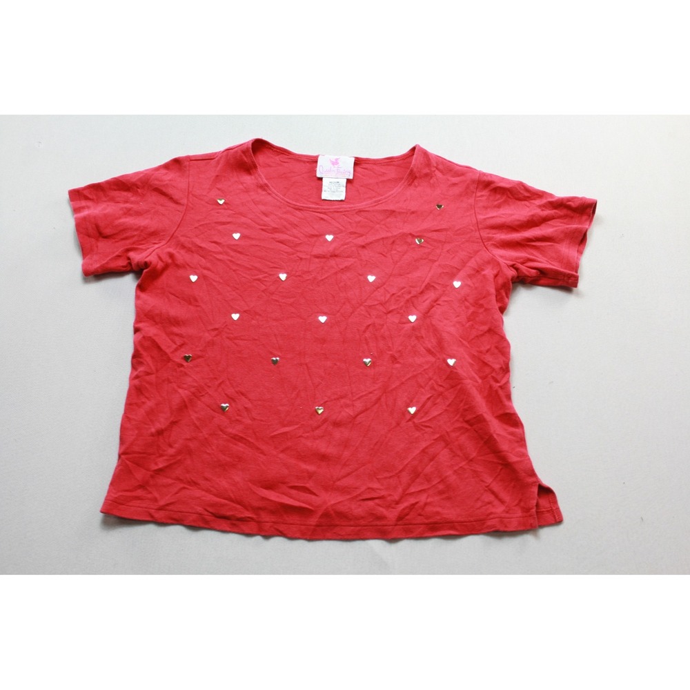 Quacker Factory T-Shirt Women Medium Red Excellent Heart Studded Short Sleeve